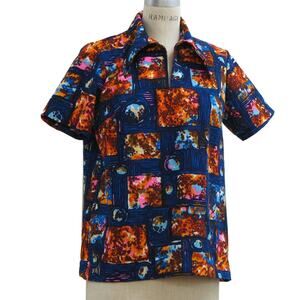 Vintage 70s Polyester Knit Abstract Print Disco Pullover Shirt Womens